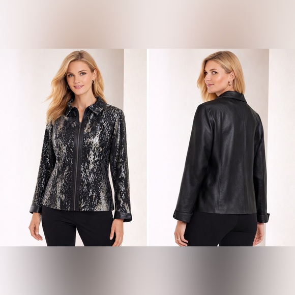 Chico's Jackets & Blazers - Chicos Black Leather Jacket Womens 3 Snake Embossed Silver Metallic Zip Up